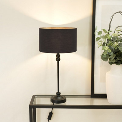 Valuelights Maggie Black Metal Candlestick Slim Table Lamp With Charcoal Fabric Drum Lamp Shade