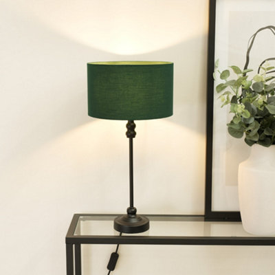 B&Q -  Maggie Black Metal Candlestick Slim Table Lamp With Forest Green Fabric Drum Lamp Shade