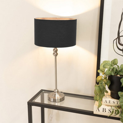 Valuelights Maggie Brushed Chrome Candlestick Slim Table Lamp With Black Fabric Drum Lamp Shade