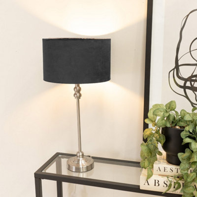 Valuelights Maggie Brushed Chrome Candlestick Slim Table Lamp With Velvet Drum Lamp Shade Black