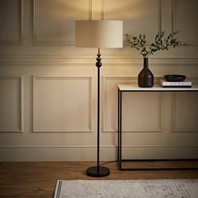 B&Q -  Marissa Matte Black Stacked Ball Floor Lamp With Beige/gold Shade