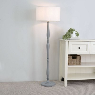 Valuelights Victoria Traditional Grey Wood Candlestick Floor Lamp With White Drum Shade from B&Q