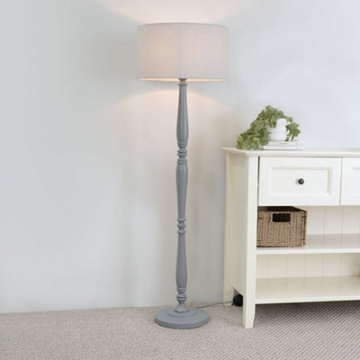 Valuelights Victoria Traditional Grey Wood Candlestick Floor Lamp With Grey Drum Shade from B&Q
