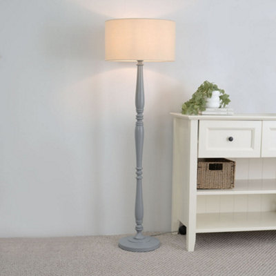 Valuelights Victoria Traditional Grey Wood Candlestick Floor Lamp With Natural Drum Shade from B&Q