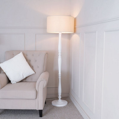 B&Q -  Victoria Traditional White Wood Candlestick Floor Lamp With Natural Drum Shade
