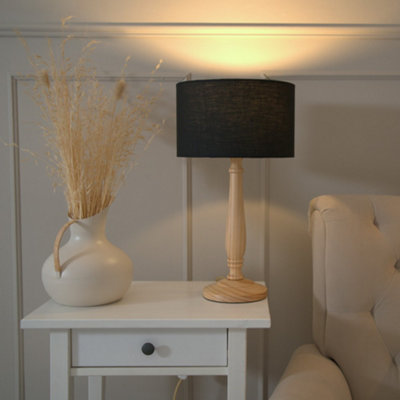 Valuelights Victoria Traditional Light Wood Candlestick Table Lamp With Black Drum Shade from B&Q
