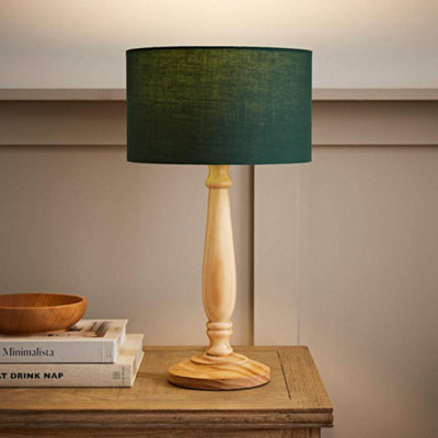 B&Q -  Victoria Traditional Light Wood Candlestick Table Lamp With Forest Green Drum Shade