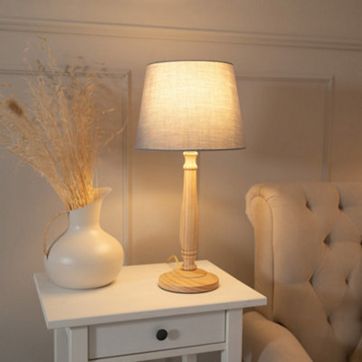 B&Q -  Victoria Traditional Light Wood Candlestick Table Lamp With Grey Tapered Shade