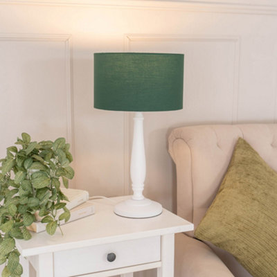 B&Q -  Victoria Traditional White Wood Candlestick Table Lamp With Forest Green Drum Shade
