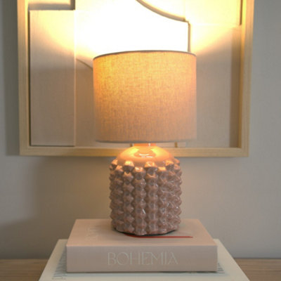 B&Q -  Asha PairCeramic Pink Geometric Textured Base Table Lamp With Drum Shade