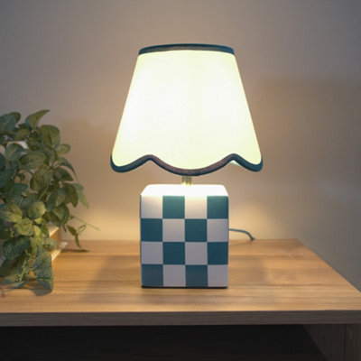 B&Q -  Evie Pair OfForest Green Cube Checkered Base Ceramic Table Lamp With Scallop Tapered Shade