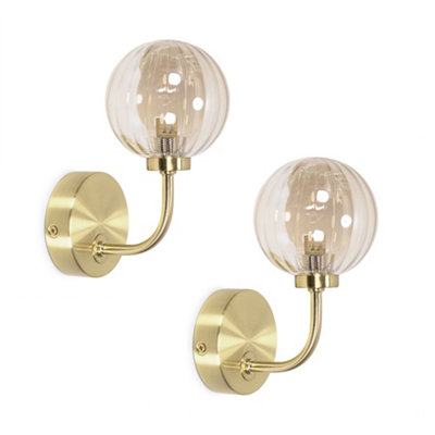 Valuelights Chessy Pair OfGold Metal Curved Wall Light With Amber Ribbed Glass Globe Shade from B&Q