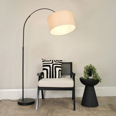 B&Q -  Louis Black Arched Curved Floor Lamp With Natural Fabric Drum Lamp Shade And Led Bulb