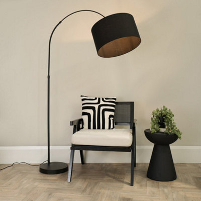 B&Q -  Louis Black Arched Curved Floor Lamp With Black Fabric Drum Lamp Shade And Led Bulb