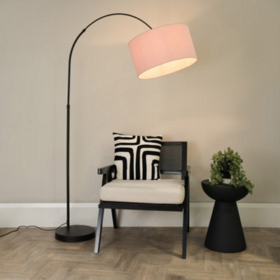 Valuelights Louis Arched Curved Floor Lamp With Blush Fabric Drum Lamp Shade And Led Bulb Black/Pink