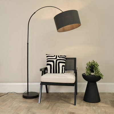 B&Q -  Louis Black Arched Curved Floor Lamp With Charcoal Fabric Drum Lamp Shade And Led Bulb