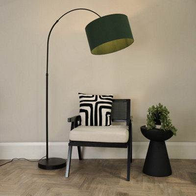 B&Q -  Louis Black Arched Curved Floor Lamp With Forest Green Fabric Drum Lamp Shade And Led Bulb