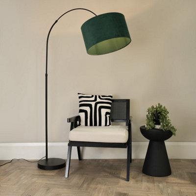 B&Q -  Louis Black Arched Curved Floor Lamp With Forest Green Velvet Drum Lamp Shade And Led Bulb