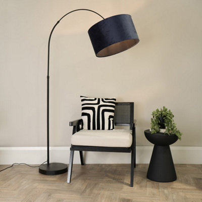 B&Q -  Louis Black Arched Curved Floor Lamp With Navy Blue Velvet Drum Lamp Shade And Led Bulb