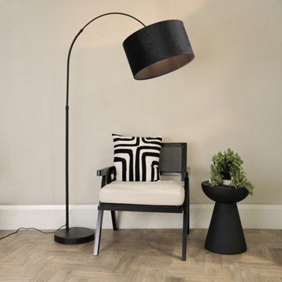 B&Q -  Louis Black Arched Curved Floor Lamp With Black Velvet Drum Lamp Shade And Led Bulb