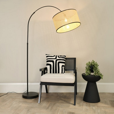 Valuelights Louis Black Arched Curved Floor Lamp With Natural Cane Drum Lamp Shade And Led Bulb from B&Q
