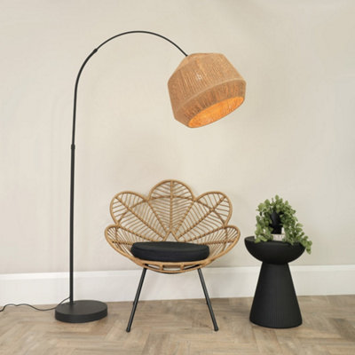 Valuelights Louis Arched Curved Floor Lamp With Natural Rope Dome Lamp Shade And Led Bulb Black