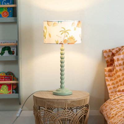 ValueLights Sage Green Bobbin Stem Table Lamp With Dino Drum Shade For Living Room BedroomLed Bulb Included from B&Q