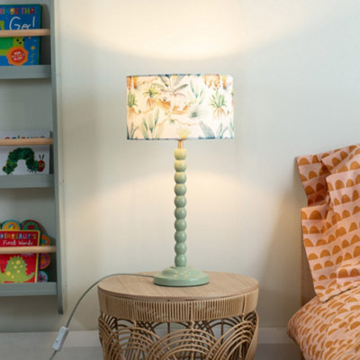 ValueLights Sage Green Bobbin Stem Table Lamp With Tropical Drum Shade For Living Room Bedroom - Led Bulb Included