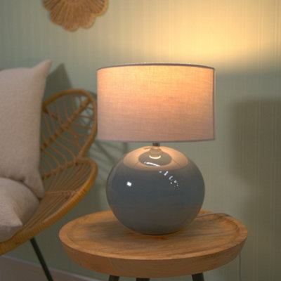 Valuelights Grey Bosco Eucalyptus Ceramic Table Lamp With Drum Shade - Led Bulb Included