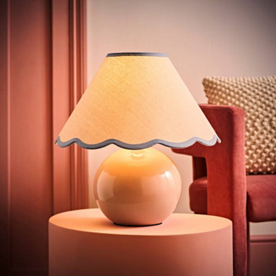 B&Q -  Bosco Stone Natural Ceramic Table Lamp With Blue Trim Scallop Shade And Bulb