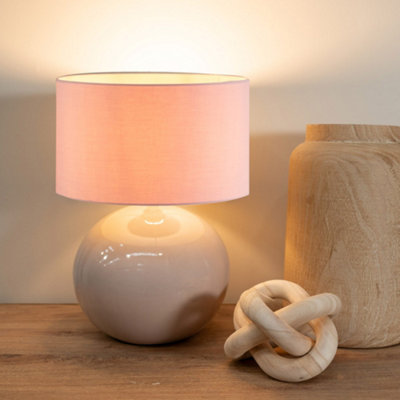 Valuelights Bosco Stone Natural Ceramic Table Lamp With Blush Pink Drum ShadeLed Bulb Included from B&Q