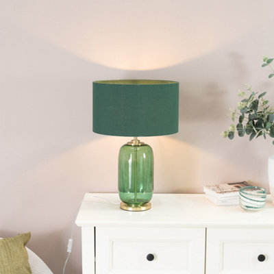 Valuelights Green/Gold/Light Leigh Forest Glass And Detail Table Lamp With Drum Shade - Led Bulb Included
