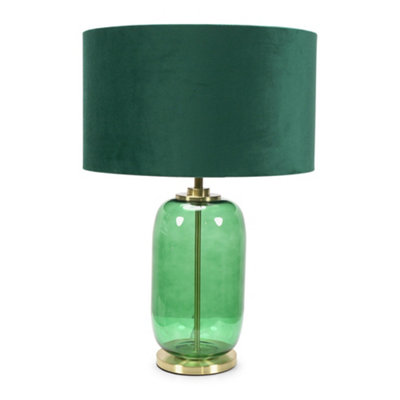 Valuelights Leigh Forest Green Glass And Gold Detail Table Lamp With Velvet Drum Shade LightLed Bulb Included from B&Q