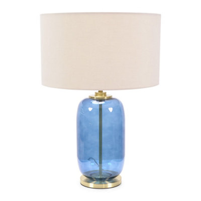 Valuelights Leigh Navy Glass And Detail Table Lamp With Natural Drum Shade - Led Bulb Included Blue/Gold/Light