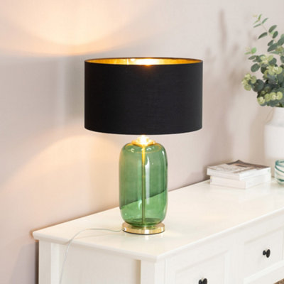 Valuelights Leigh Forest Green Glass And Gold Detail Table Lamp With Black/gold Shade LightLed Bulb Included from B&Q