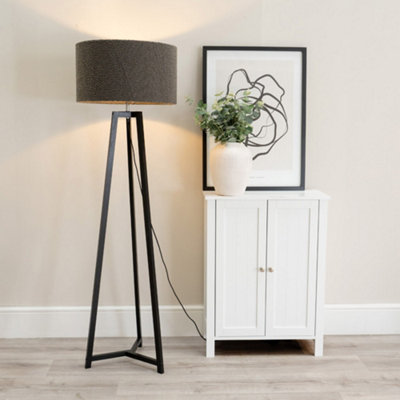 B&Q -  Lottie Black Wood Tripod Floor Lamp With Charcoal Grey Boucle Drum ShadeLed Bulb Included