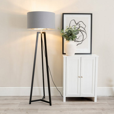 B&Q -  Lottie Black Wood Tripod Floor Lamp With Grey/chrome Drum ShadeLed Bulb Included