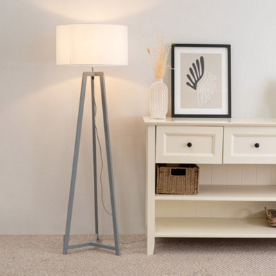 Valuelights Grey/White Lottie Wood Tripod Floor Lamp With Drum Shade - Led Bulb Included