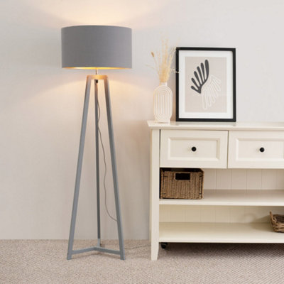 Valuelights Lottie Grey Wood Tripod Floor Lamp With Grey/copper Drum Shade - Led Bulb Included