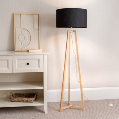 Valuelights Lottie Natural Wood Tripod Floor Lamp With Black Drum ShadeLed Bulb Included from B&Q