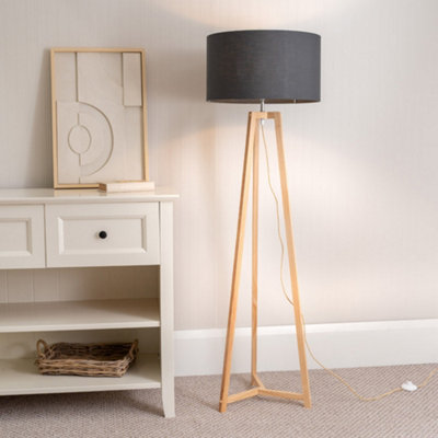 B&Q -  Lottie Natural Wood Tripod Floor Lamp With Charcoal Grey Drum ShadeLed Bulb Included