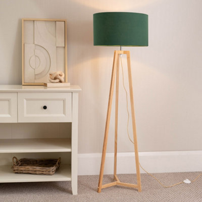 Valuelights Green Lottie Natural Wood Tripod Floor Lamp With Forest Drum Shade - Led Bulb Included