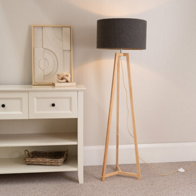 B&Q -  Lottie Natural Wood Tripod Floor Lamp With Charcoal Grey Boucle Drum ShadeLed Bulb Included