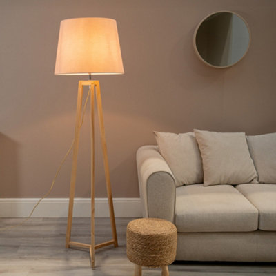 Valuelights Lottie Natural Wood Tripod Floor Lamp With Pink Tapered Shade - Led Bulb Included