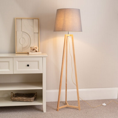 B&Q -  Lottie Natural Wood Tripod Floor Lamp With Grey Tapered ShadeLed Bulb Included