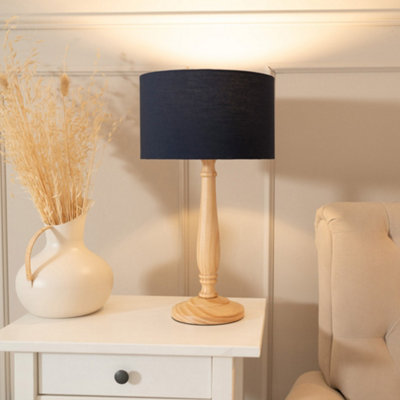 B&Q -  Victoria Traditional Light Wood Candlestick Table Lamp With Navy Blue Drum ShadeLed Bulb Included