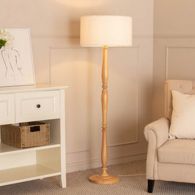 B&Q -  Victoria Candlestick Light Wood Floor Lamp With Cream Boucle Drum Shade
