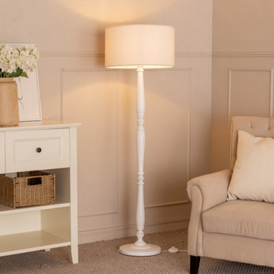 B&Q -  Victoria Candlestick White Wood Floor Lamp With Cream Boucle Drum Shade