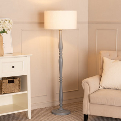 Valuelights Grey/Cream Victoria Candlestick Wood Floor Lamp With Boucle Drum Shade 1.8M