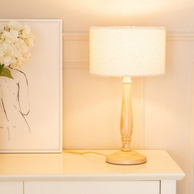 B&Q -  Victoria Candlestick Light Wood Table Lamp With Cream Boucle Drum Lamp Shade